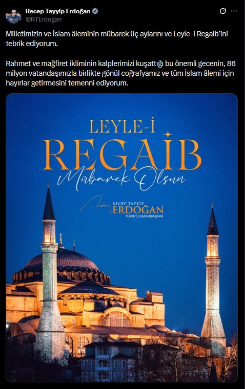 Cumhurbaşkanı Erdoğan'dan Regaip Kandili mesajı!